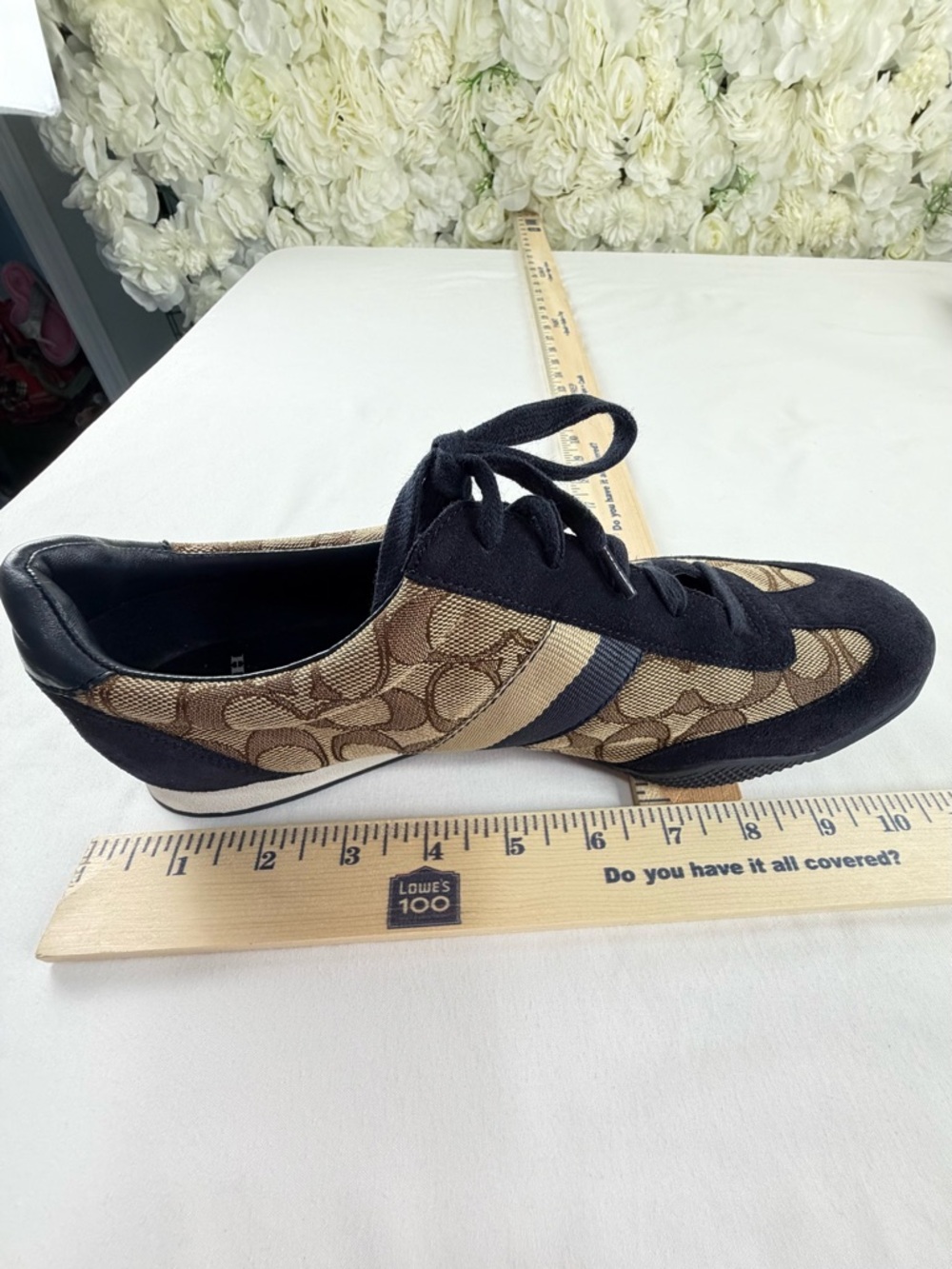 Coach Signature Sneakers Brown Canvas Navy Suede Lace Up Flats - Picture 7 of 10